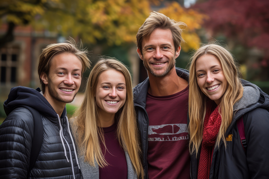 Happy family of four with two teenage children posing outside in the fall